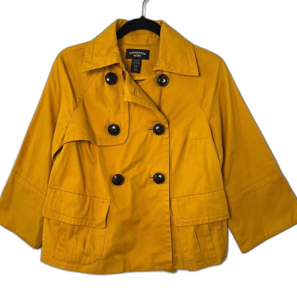 Canyon River Blues Mustard Yellow Cropped Pea Coat Jacket Womens S 3/4 Sleeve